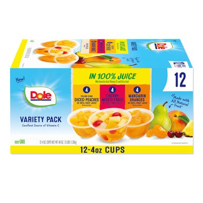 Dole Diced Peaches, Mandarin Oranges, and Cherry Mixed Fruit in 100% Juice Variety Pack - Dole Fruit Bowls Snacks - 4 oz Fruit Bowls - 12 Pack