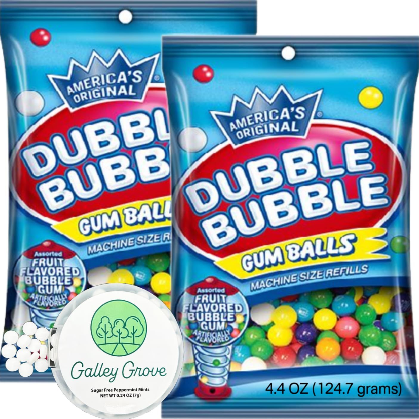 Dubble Bubble Mini Gumball Machine Refills 4.4 oz Bag (2-Pack), 1/2 inch 13mm Assorted Fruit Flavor Bubble Gum, Bundle With Galley Grove Sugar-Free Breath Mints