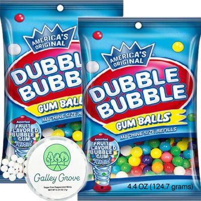 Dubble Bubble Mini Gumball Machine Refills 4.4 oz Bag (2-Pack), 1/2 inch 13mm Assorted Fruit Flavor Bubble Gum, Bundle With Galley Grove Sugar-Free Breath Mints