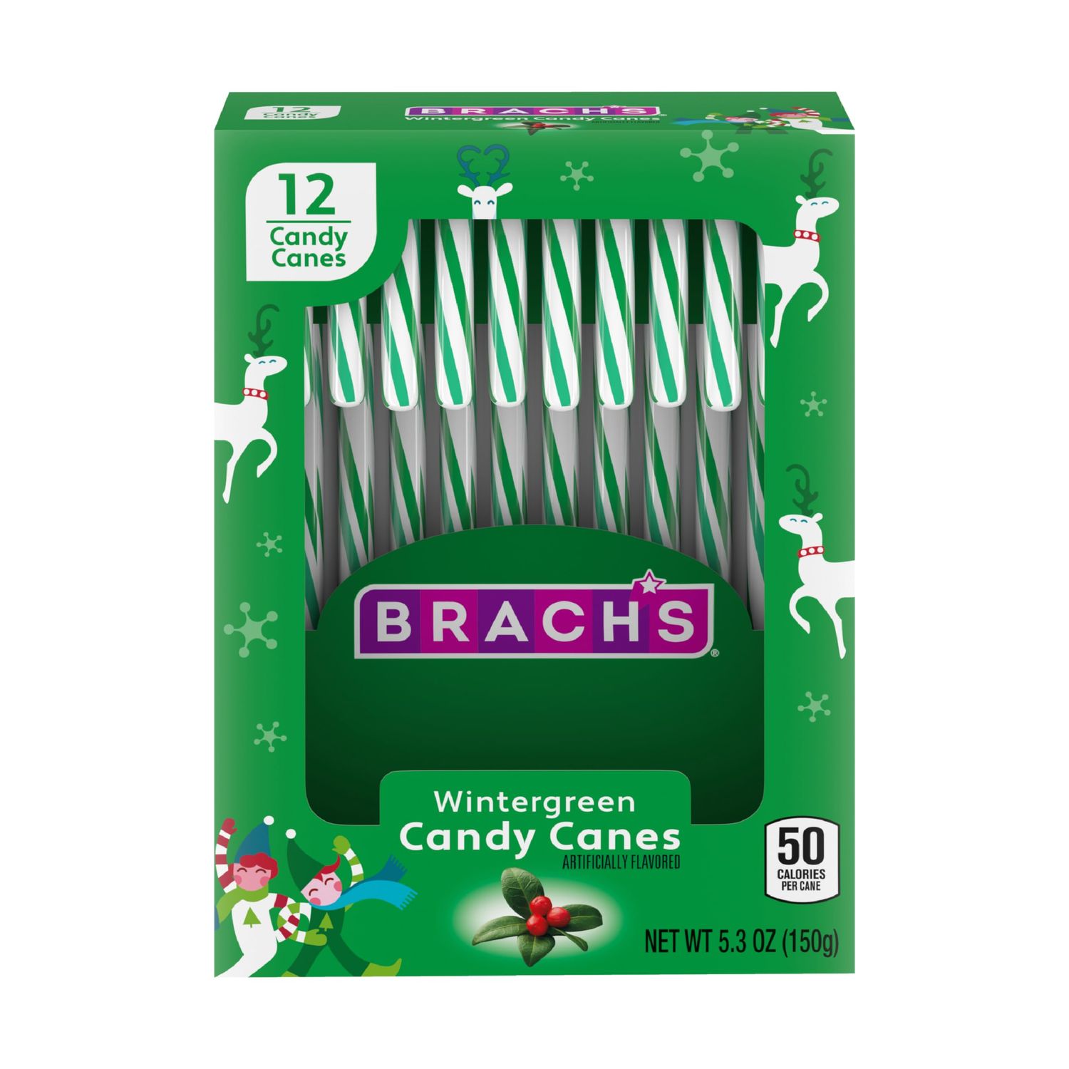 Brach&#39;s Wintergreen Christmas Candy Canes, Minty Twist on a Holiday Classic, 12ct - Perfect for Stocking Stuffers, Holiday Gifting and Decorating
