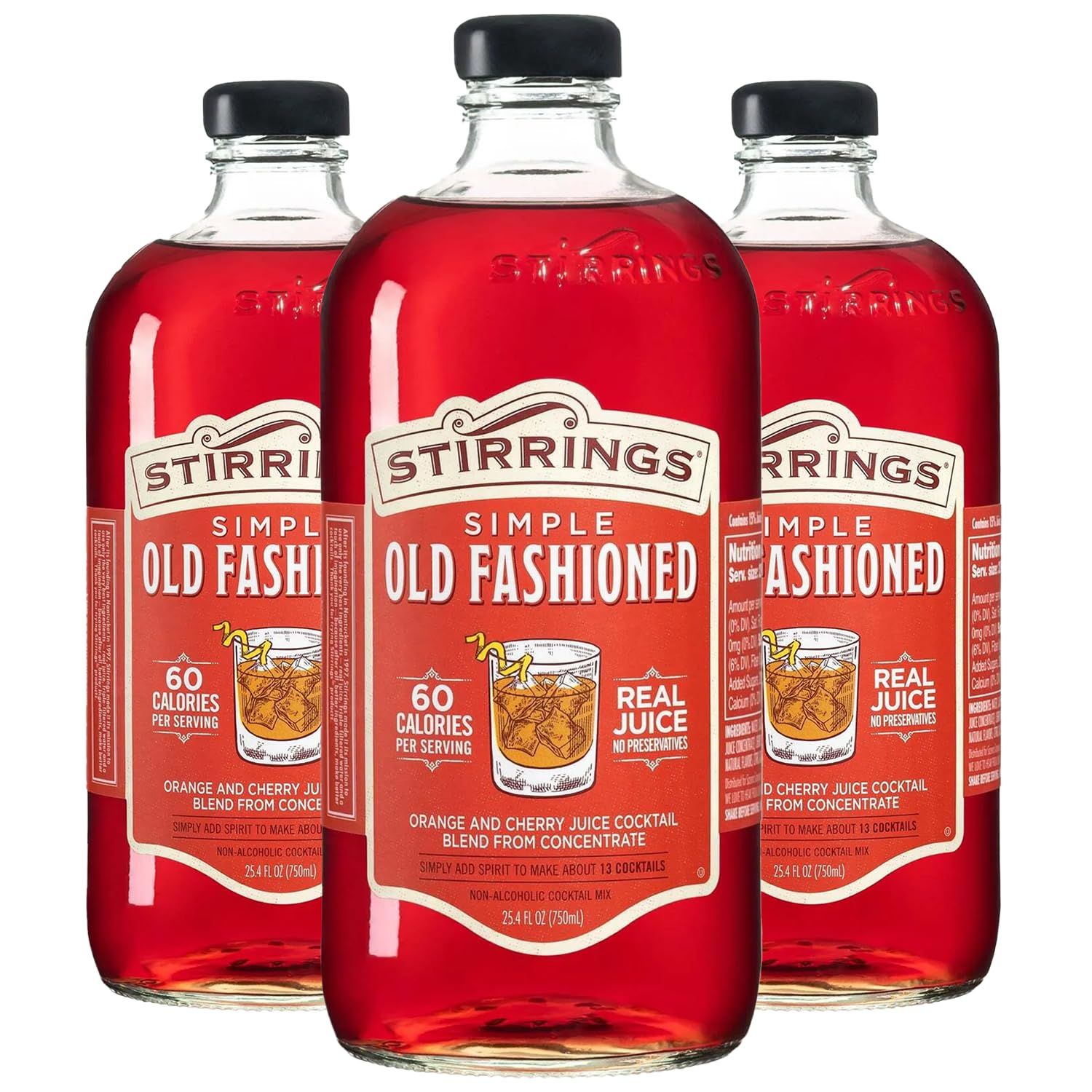 Stirrings 3 Pack Old Fashioned Cocktail Mix 750ml Bottles - Real Juice No Preservatives - 90 Calories - Drink Mixer
