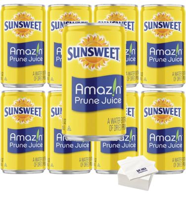 Sunsweet Prune Juice, 7.5oz Mini Cans, (Pack of 8) with Bay Area Marketplace napkins