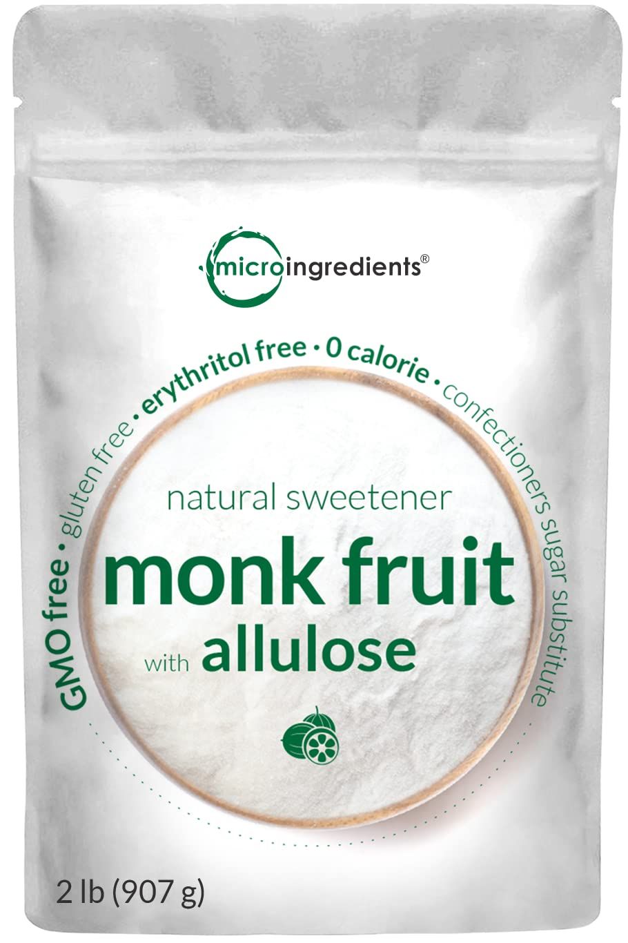 Monk Fruit Sweetener with Allulose, 2 lbs | No Erythritol | No Aftertaste, 1:1 White Sugar Substitute, Keto &amp; Vegan Friendly, Zero Calorie | Great for Drinks, Coffee, Tea, Cookies | Non-GMO