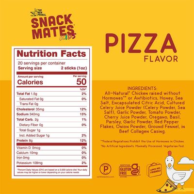 The New Primal Snack Mates Meat Sticks, Gluten Free Healthy Snacks for Kids, Low Sugar High Protein Kids Snack for Lunchbox, Mini Paleo Jerky Stick, 10 Pack (Pizza)
