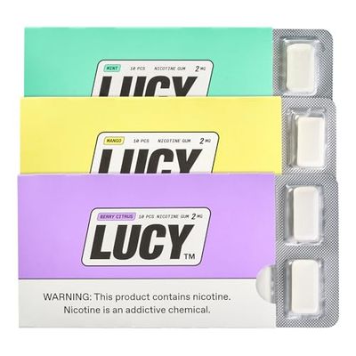 Lucy Nicotine Gum 2mg, 30 Count [Sample Pack] - Discreet, Take On-The-Go | Contains Berry Citrus, Mango, Mint Flavors