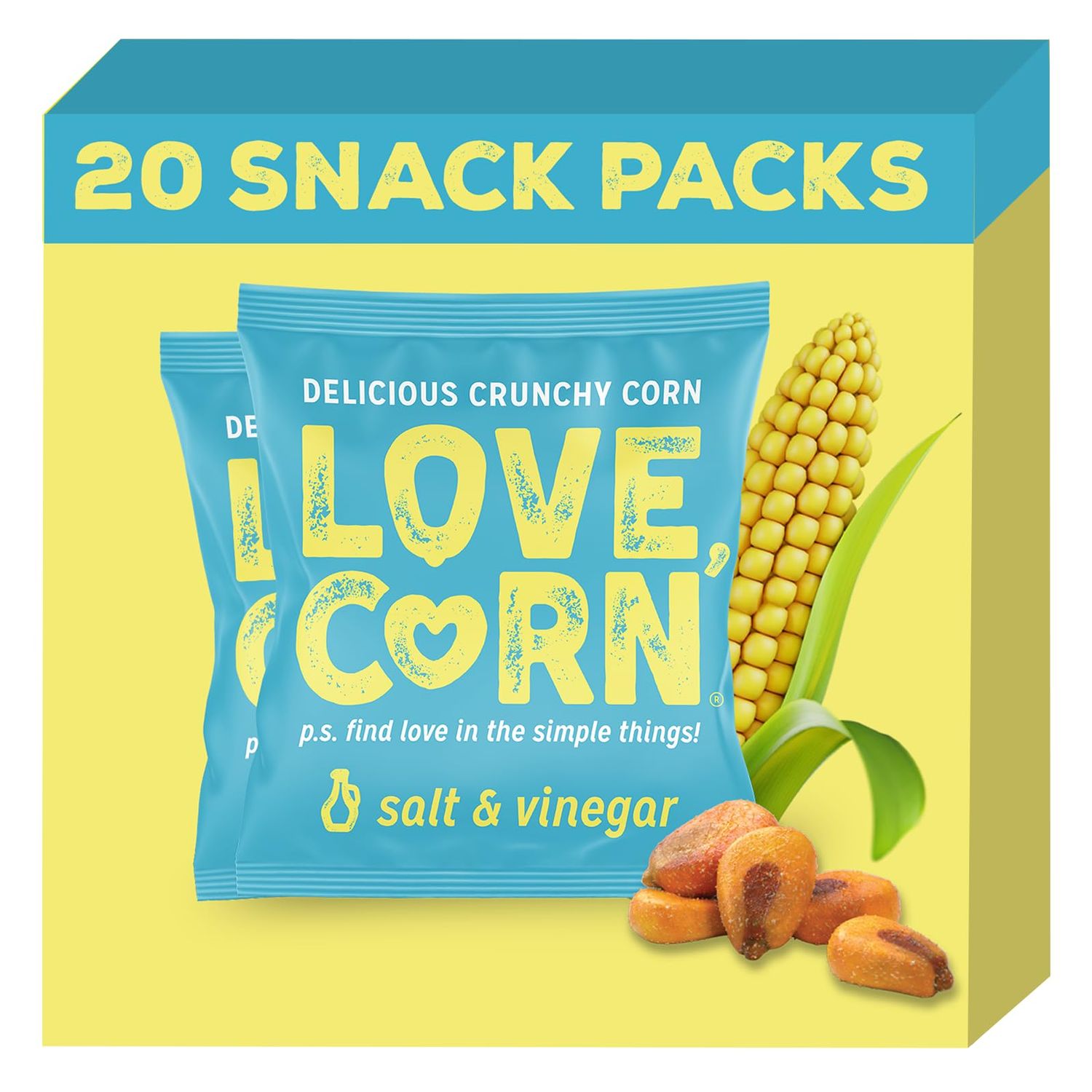LOVE CORN Salt  Vinegar 07oz x 20 Bags  Delicious Crunchy Corn  Healthy Family Snacks  Gluten Free Kosher NONGMO  Alternative for Chips Nuts Crackers  Pretzels  Perfect for Charcuterie Boards