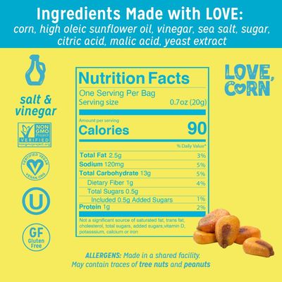 LOVE CORN Salt Vinegar 07oz x 20 Bags Delicious Crunchy Corn Healthy Family Snacks Gluten Free Kosher NONGMO Alternative for Chips Nuts Crackers Pretzels Perfect for Charcuterie Boards