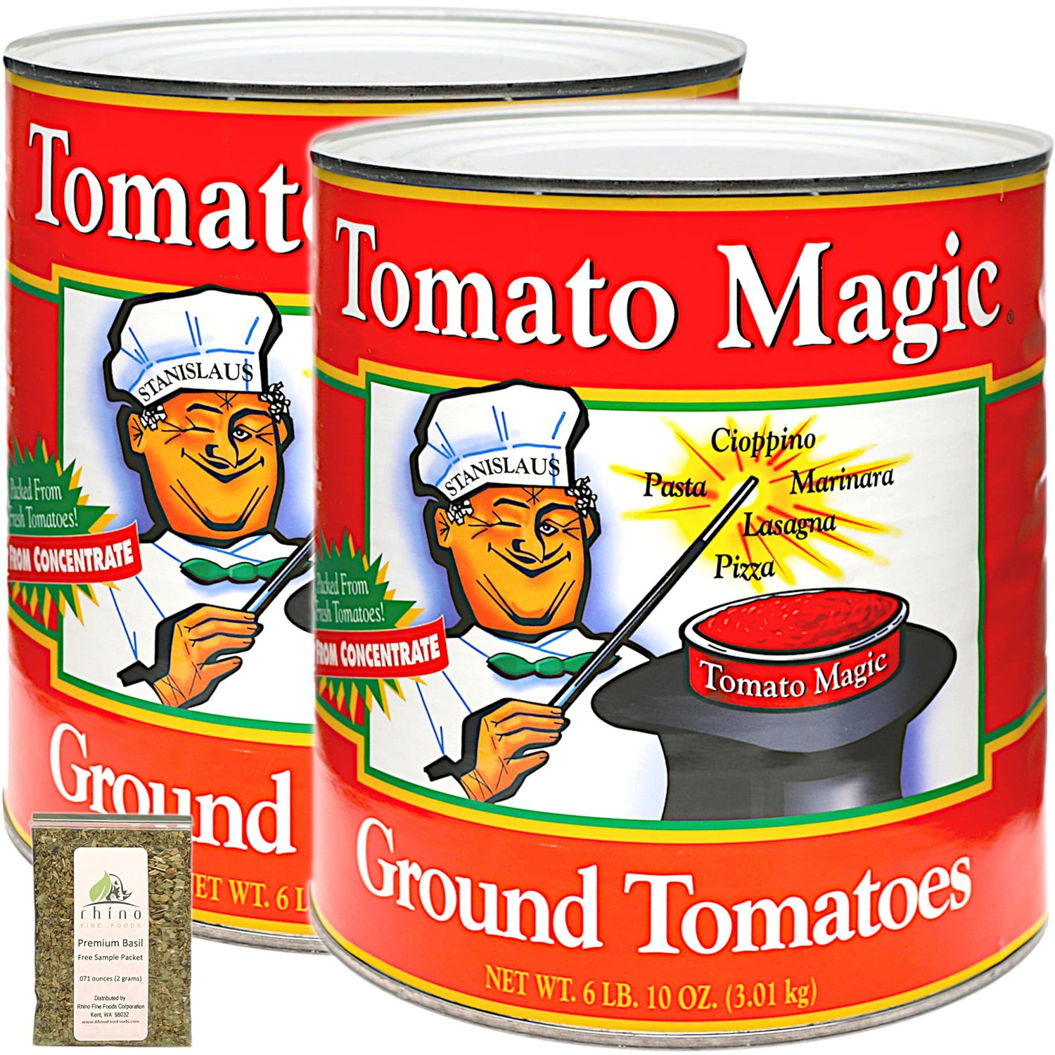 Stanislaus, Tomato Magic, Delicious Ground Peeled Tomatoes in Puree (Sauce That Enhances Everything), Size #10 (6 lb,10 oz), 106oz (Pack of 2) + Includes-Free Basil Leaves from Rhino Fine Foods.071oz