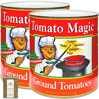 Stanislaus, Tomato Magic, Delicious Ground Peeled Tomatoes in Puree (Sauce That Enhances Everything), Size #10 (6 lb,10 oz), 106oz (Pack of 2) + Includes-Free Basil Leaves from Rhino Fine Foods.071oz
