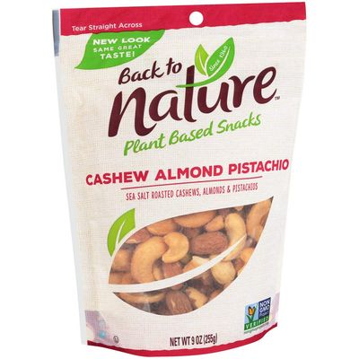Back to Nature Premium Nut Mix - Cashew, Almond &amp; Pistachio Blend, Dry Roasted with Sea Salt, Non-GMO High Protein Snacks, 9 Ounce