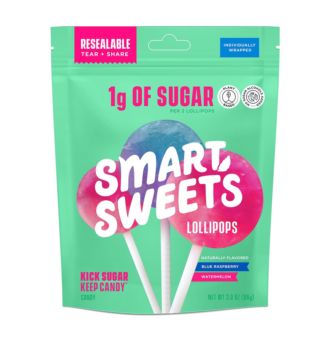 SmartSweets Lollipops, 3oz, Blue Raspberry &amp; Watermelon Flavors, Hard Candy with Low Sugar (1g), Low Calorie (40), No Artificial Sweeteners, Plant-Based, Gluten-Free