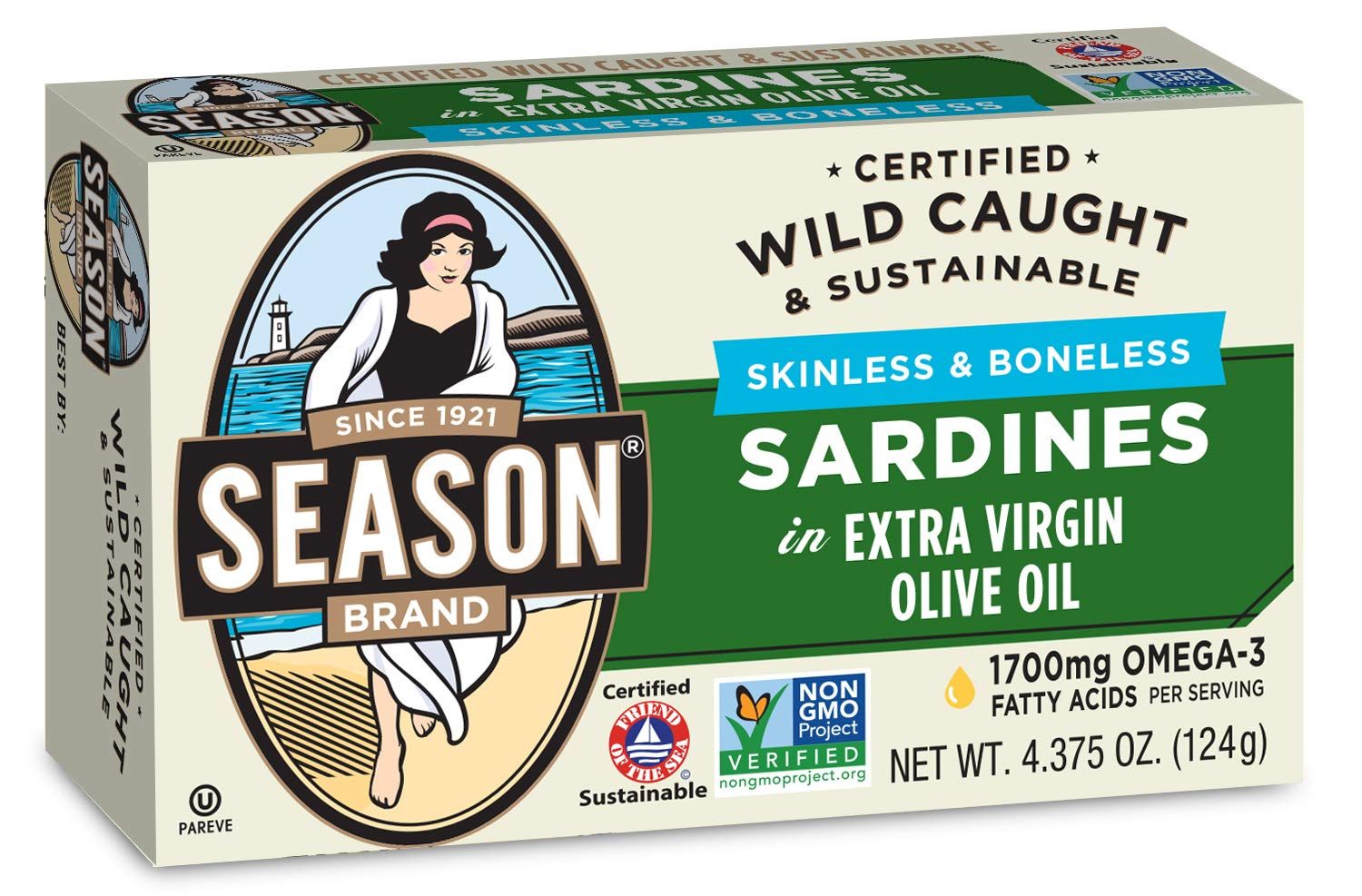 Season Sardines in Extra Virgin Olive Oil - Skinless &amp; Boneless, Wild Caught, 22g of Protein, Keto Snacks, More Omega 3&#39;s Than Tuna, Kosher, High in Calcium, Canned Sardines - 4.37 Oz Tins, 12-Pack