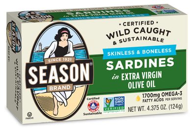 Season Sardines in Extra Virgin Olive Oil - Skinless &amp; Boneless, Wild Caught, 22g of Protein, Keto Snacks, More Omega 3&#39;s Than Tuna, Kosher, High in Calcium, Canned Sardines - 4.37 Oz Tins, 12-Pack