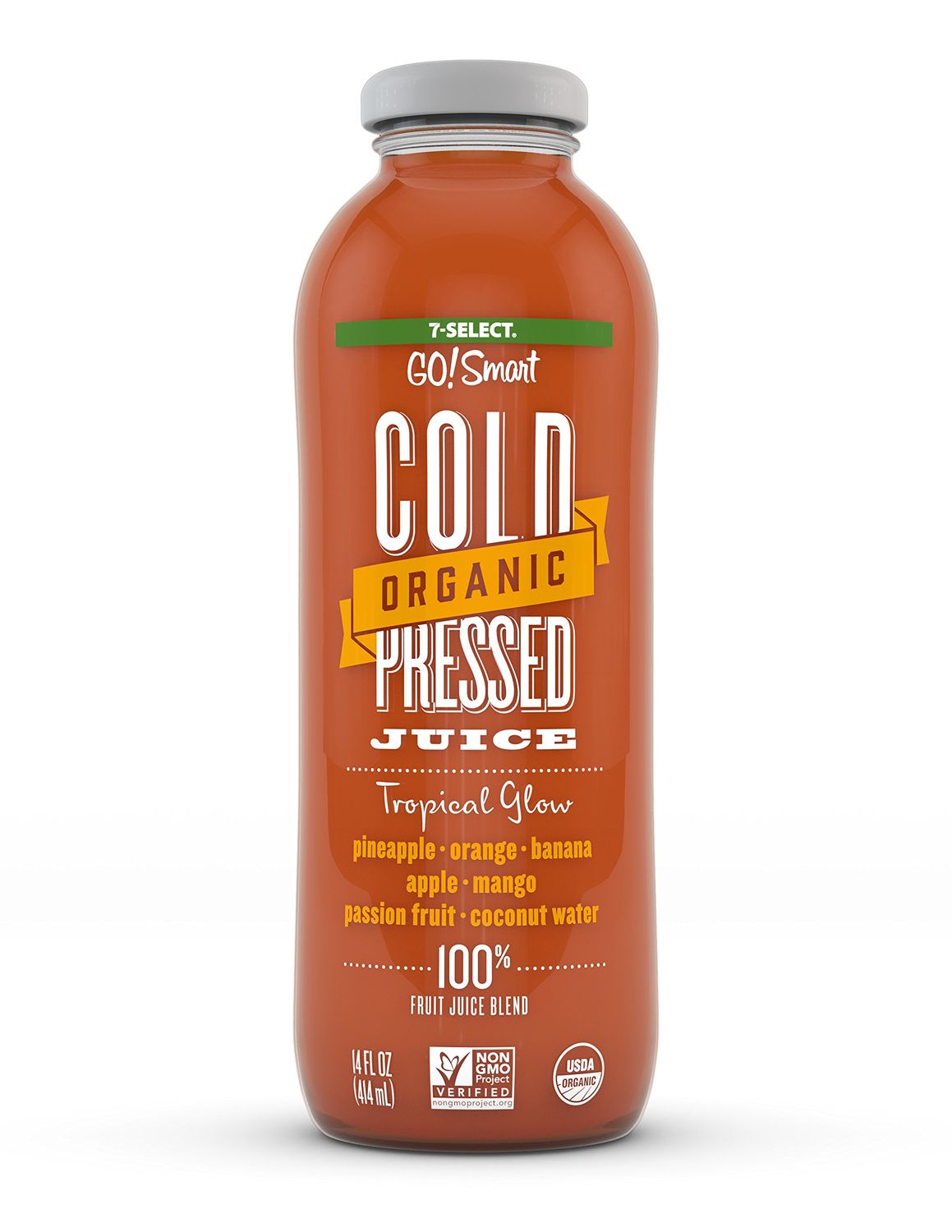 7-Select Organic Cold Pressed Juice - Tropical Glow, (14 Oz Glass Bottles, 6-Pack)