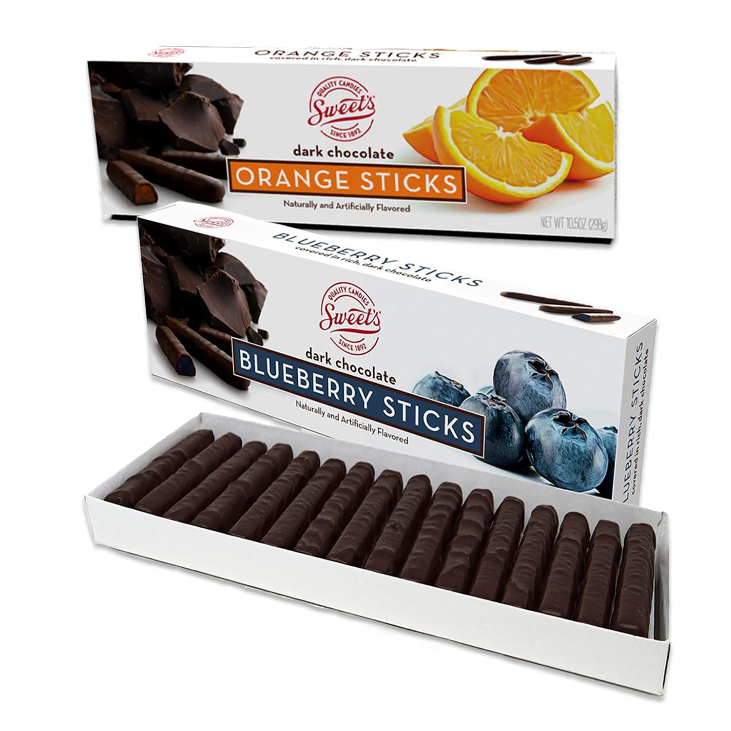 Sweets Candy Dark Chocolate Orange Sticks and Blueberry Sticks 2 Pack, Dark Chocolate Covered Blueberries Sticks, Chocolate Covered Orange Jelly Sticks, Chocolate Sticks, Orange Sticks Candy