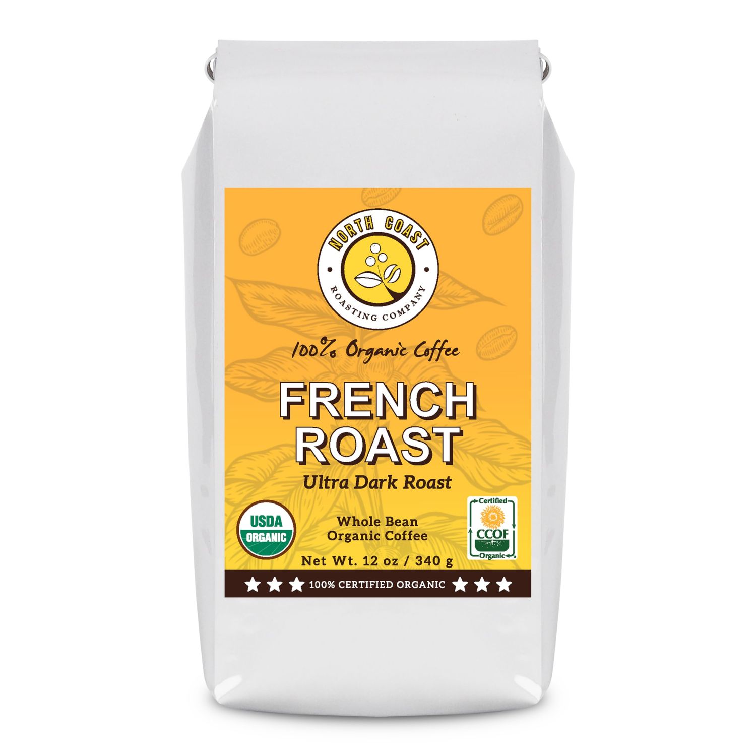 North Coast Roasting Company, Dark Roast, Low Acid, Organic Coffee, Whole Bean - French Roast, USDA Certified, Organic Coffee Beans, 12 Ounce Bag