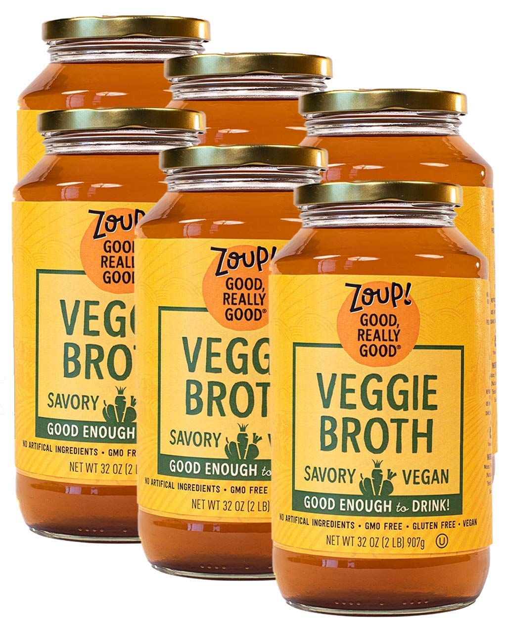 Vegetable Broth by Zoup! Vegan, Gluten Free, Non GMO, Low Calories Veggie Broth - Great for Stock, Bouillon, Soup Base or in Gravy - 6-Pack (32 oz)
