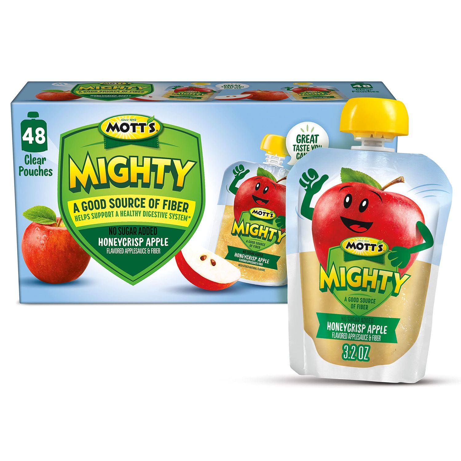 Mott&#39;s Mighty Honeycrisp Apple Applesauce, 3.2 Oz Clear Pouches, 48 Count (4 Packs Of 12), No Sugar Added, Good Source Of Fiber, Supports A Healthy Digestive System, Gluten-free, Kosher