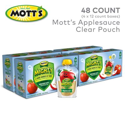 Mott's Mighty Honeycrisp Apple Applesauce, 3.2 Oz Clear Pouches, 48 Count (4 Packs Of 12), No Sugar Added, Good Source Of Fiber, Supports A Healthy Digestive System, Gluten-free, Kosher