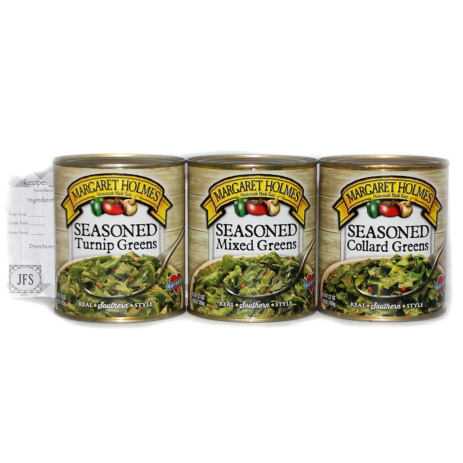 Margaret Holmes Greens Variety Pack - 3 x 27 Oz Cans of Margaret Holmes Turnip Greens, Margaret Holmes Collard Greens, and Margaret Holmes Mixed Greens, Bundled with JFS Recipe card