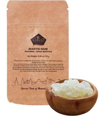 Cerez Pazari Natural Mastic Gum - Greek Chios Pure Gum - Sugarless Gum Made From Resin Of Mastiha Trees - Jaw Exerciser - Vegan, Non-GMO - 0.88 oz