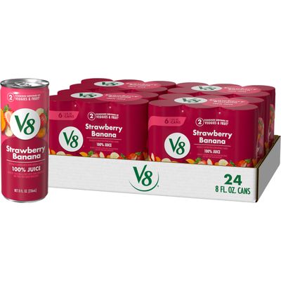 V8 Strawberry Banana 100% Fruit and Vegetable Juice, 8 fl oz Can (6 Pack) (Case of 4)