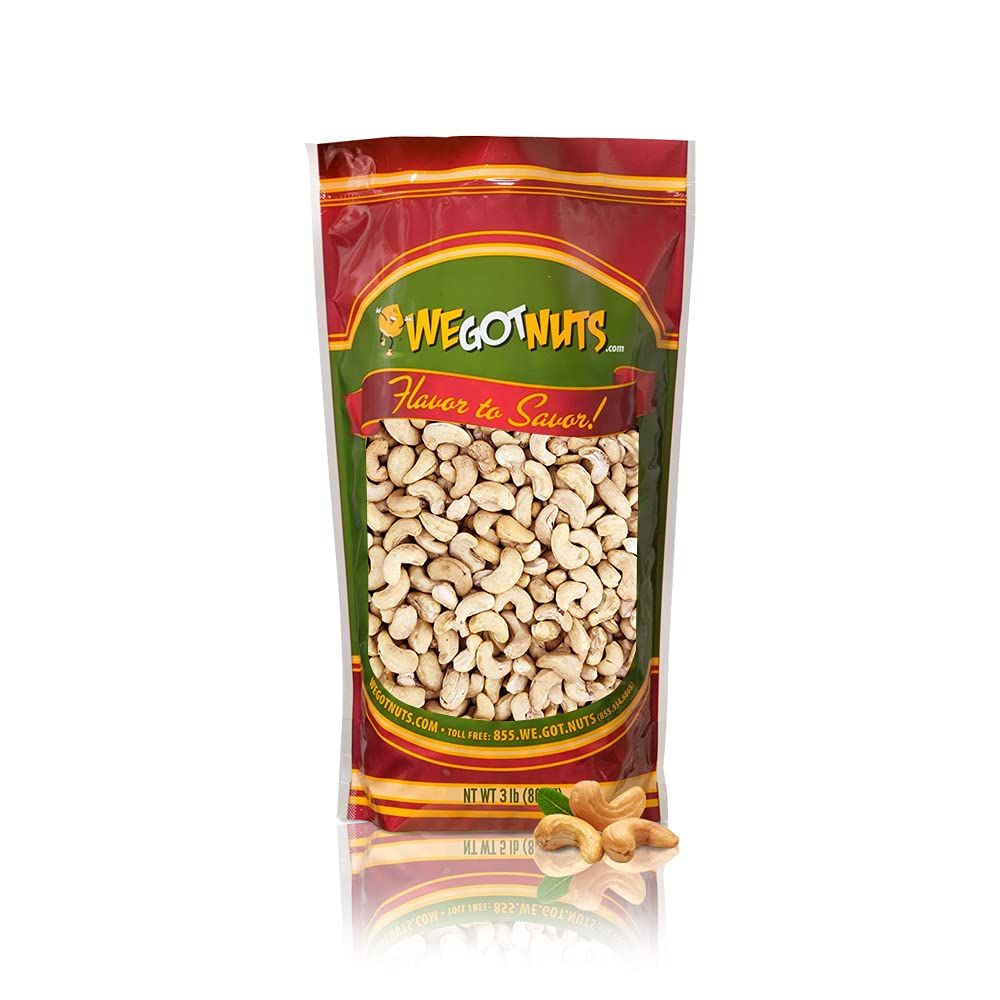 Raw Whole Unsalted Cashews - Premium Quality Kosher Raw Cashews By We Got Nuts - Oil-Free Natural, Healthy &amp; Diet-Friendly Snack - Gourmet Savory Flavor - Air-Tight Resealable Bag Package - 3 lbs