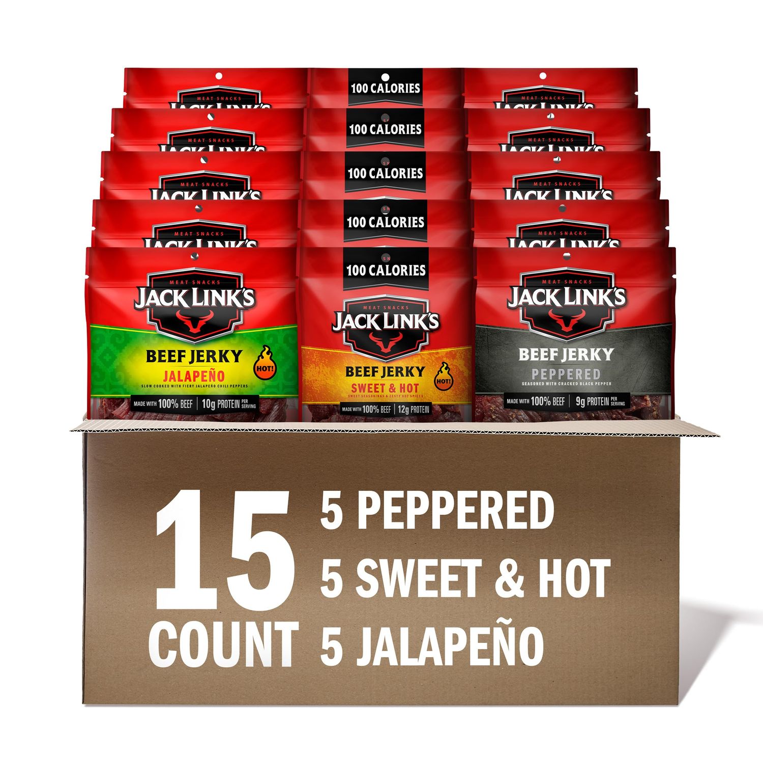 Jack Link&#39;s Beef Jerky Bold Variety Pack - Includes Sweet &amp; Hot, Jalapeo and Peppered Beef Jerky, Bulk Beef Snack Pack, 11g-12g of Protein, Made with 100% Beef - 1.25 Oz (Pack of 15)