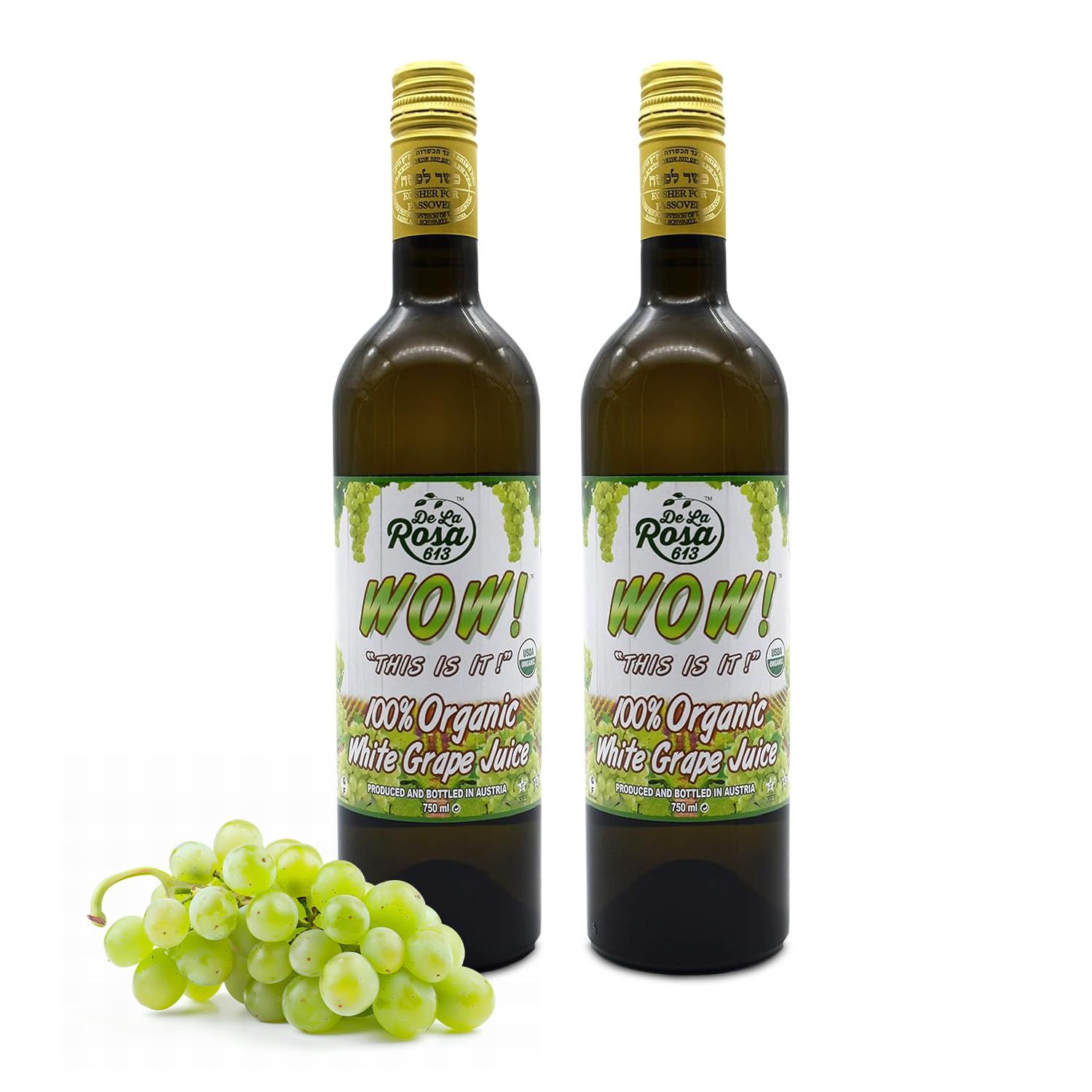 De La Rosa Organic White Grape Juice, Kosher, Non-GMO &amp; Gluten Free, Austrian White Grape Juice, No Preservatives or Sulfites, Vegan White Grape Juice, 25.4 Oz Glass Bottle (Pack of 2)