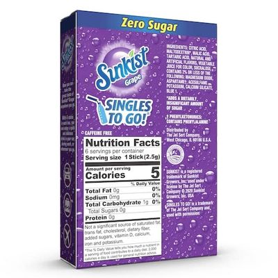 Sunkist Singles To Go Drink Mix Grape, 3 Boxes with 6 Packets Each -18 Total Servings