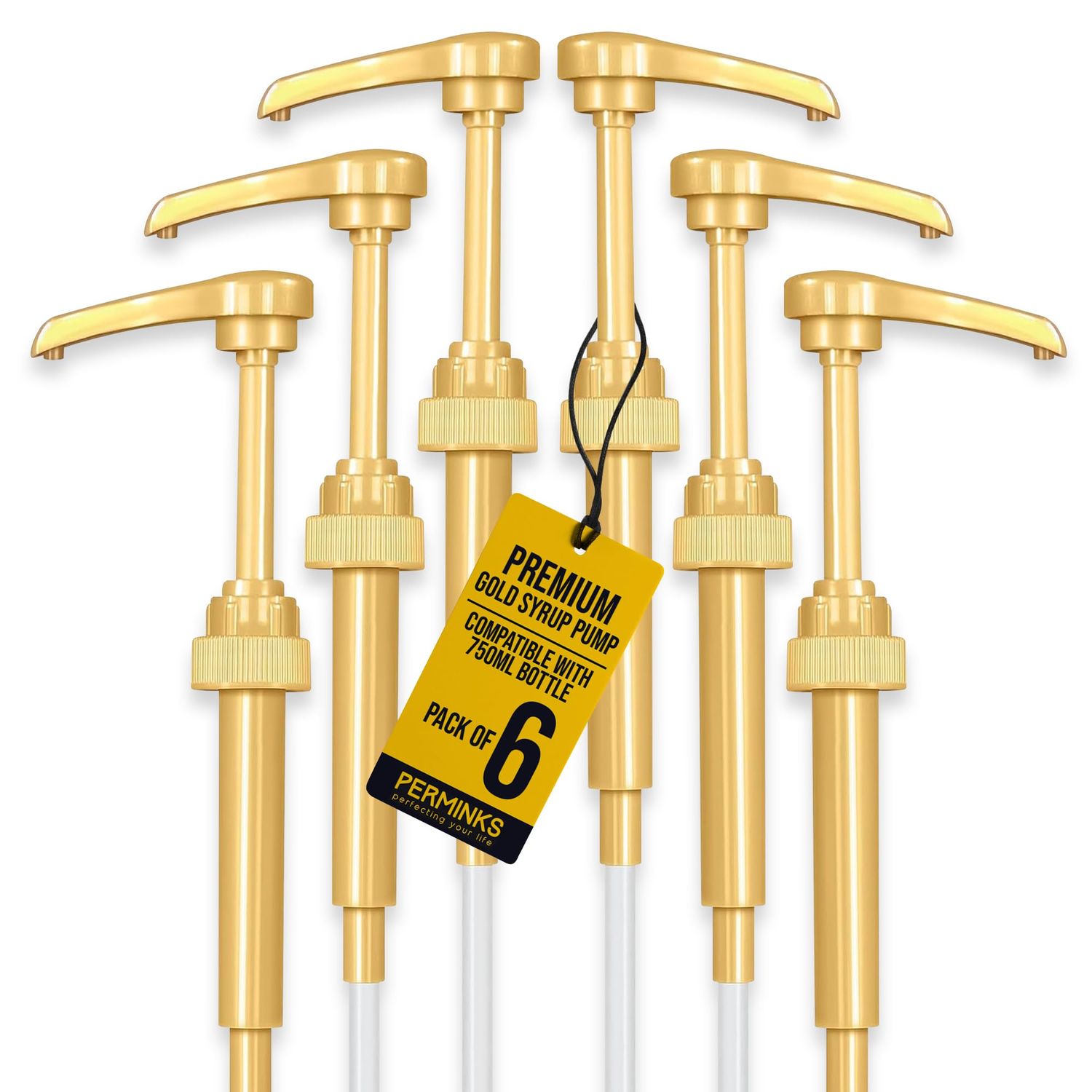 6 pack Coffee Syrup Pump Dispenser (Gold) - Compatible with Torani and Davinci Syrups (750 ml 25.4 oz Bottles)- Coffee Syrup Pumps -Torani Syrup pump for Syrup Bottles, also fits Skinny Syrup Bottles