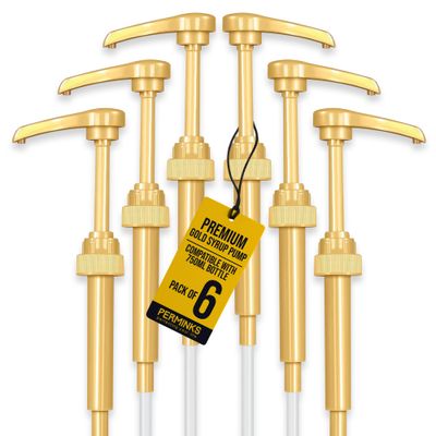 6 pack Coffee Syrup Pump Dispenser (Gold) - Compatible with Torani and Davinci Syrups (750 ml 25.4 oz Bottles)- Coffee Syrup Pumps -Torani Syrup pump for Syrup Bottles, also fits Skinny Syrup Bottles