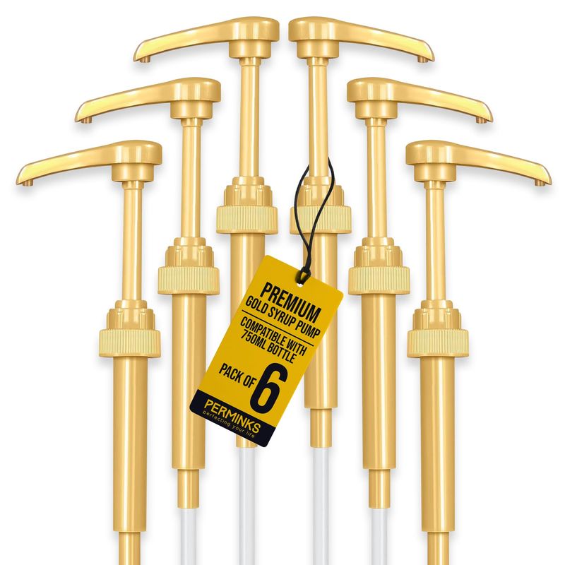 6 pack Coffee Syrup Pump Dispenser (Gold) - Compatible with Torani and Davinci Syrups (750 ml 25.4 oz Bottles)- Coffee Syrup Pumps -Torani Syrup pump for Syrup Bottles, also fits Skinny Syrup Bottles