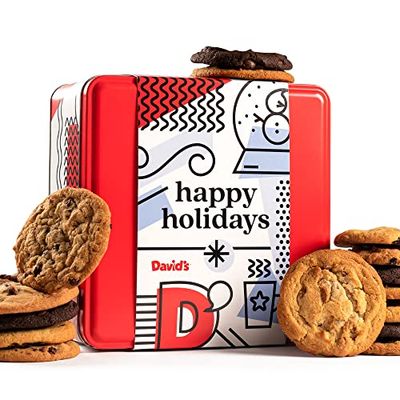Davids Cookies Happy Holidays Assorted Cookies Gift Tin - 2lbs Soft and Gourmet Christmas Cookies Tin - Freshly Baked Holiday Cookies Gift Basket - All Natural and Handmade Christmas Cookies