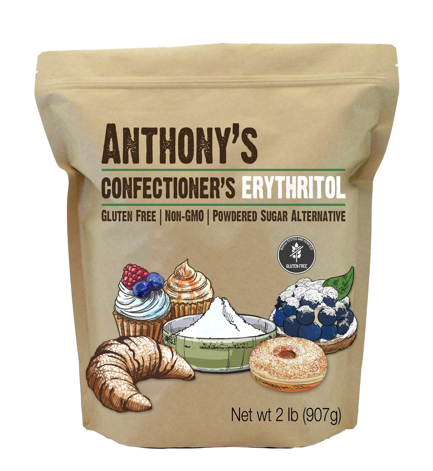 Anthony&#39;s Confectioner&#39;s Erythritol Powder, 2 lb, Non GMO, Sweetener, Zero Calorie, Keto &amp; Paleo Friendly