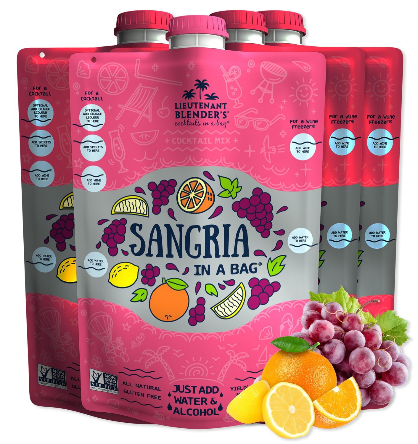 Lt. Blender&#39;s Sangria in a Bag - Wine Slushie Mixes - Each Bag Makes 1/2 Gallon of Frozen Red Sangria Mix - Non-GMO Wine Freezer Mix - Make with Wine, Liquor or as a Mocktail - (Pack of 4)