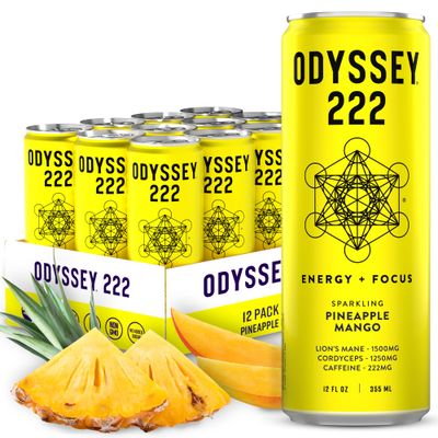Odyssey Elixir - Odyssey 222 - Sparkling Energy Drink - 222 mg of Caffeine - Lion&#39;s Mane &amp; Cordyceps - Energy &amp; Focus - Endurance &amp; Stamina - Nootropic - Pre Workout - Pineapple Mango