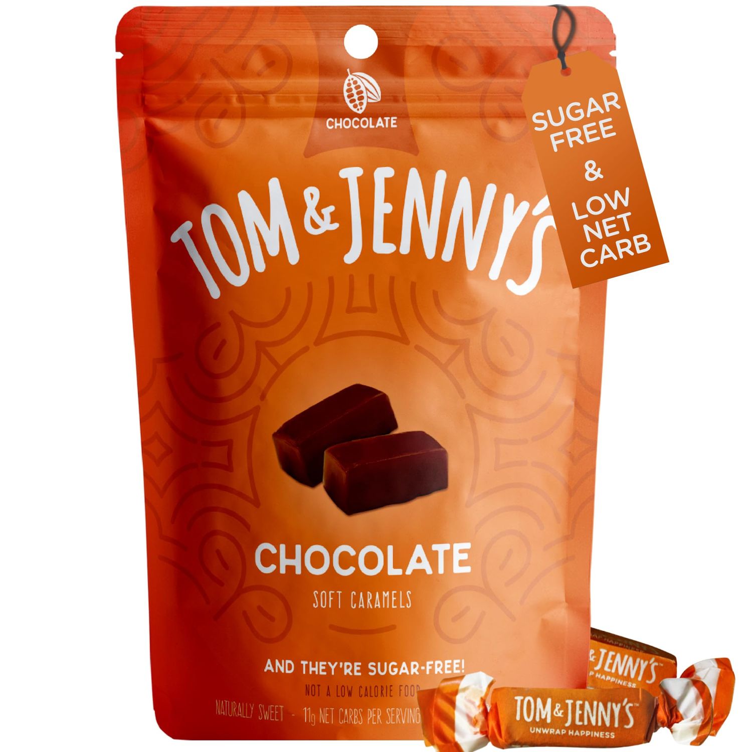 Tom &amp; Jenny&#39;s Sugar Free Candy Soft Caramels Individually Wrapped - Sea Salt &amp; Vanilla - Low Net Carb Zero Sugar Candy with Xylitol &amp; Maltitol (Chocolate Caramel) Keto Candy 1 Pack