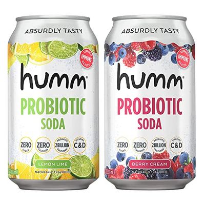 Humm Sparkling Probiotic Soda Variety Pack - Lemon Lime &amp; Berry Cream - Zero Sugar, Zero Calorie, 2 Billion Probiotics - Vitamin C, D, and B12-12 fl oz (12 Pack)