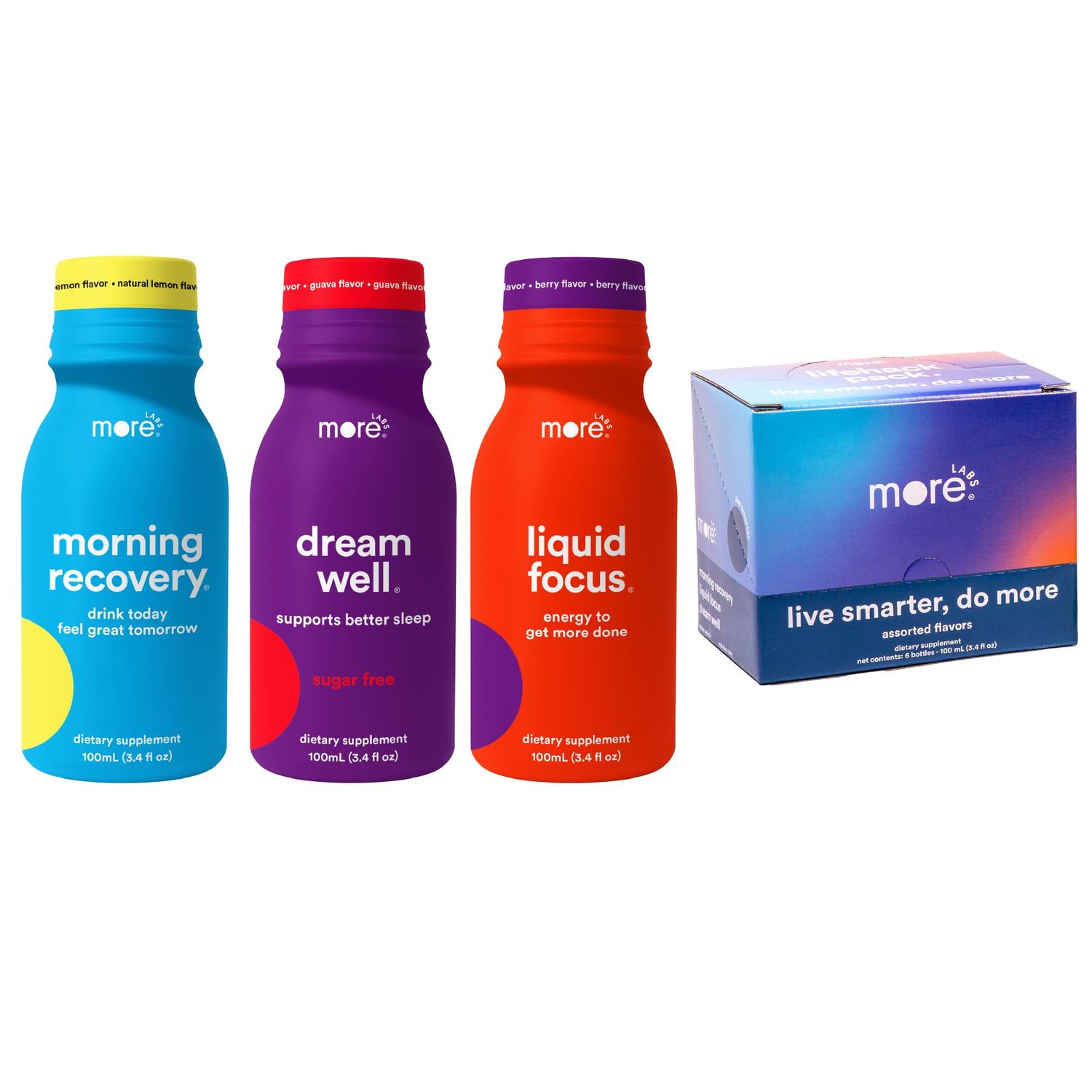 More Labs Lifehack Pack, Assorted Smart Drink Shots, Morning Recovery, Liquid Focus, Dream Well, Vegan, Non-GMO Variety Pack, 2 Bottles of Each (Pack of 6)