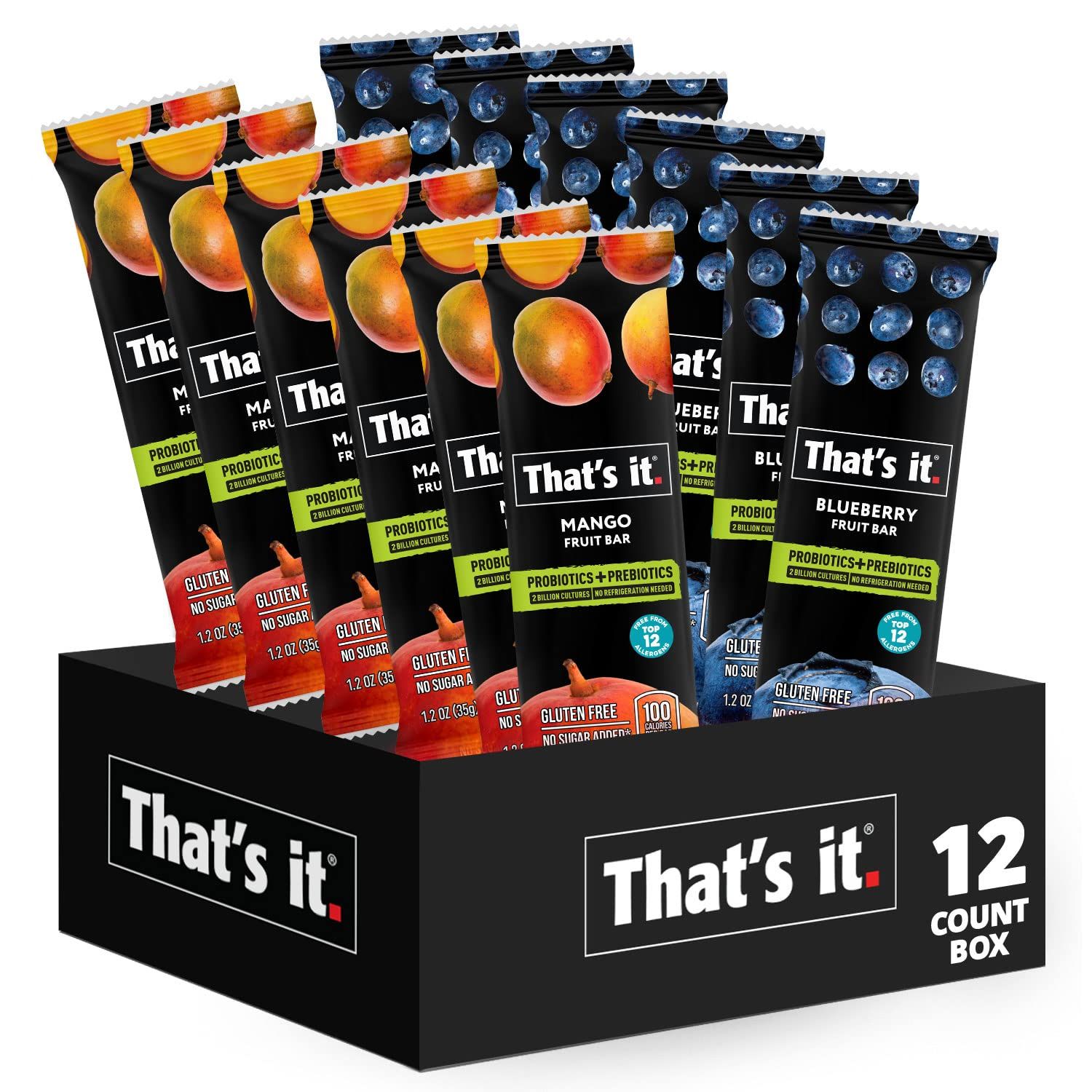 That&#39;s it. Probiotic Fruit Bar Variety Pack, Mango &amp; Blueberry Flavors, Just Real Fruit + Probiotics, 100 Calories Per Bar, All Natural, 2-3 Ingredients, Shelf Stable, Allergy-Friendly (12 Count)