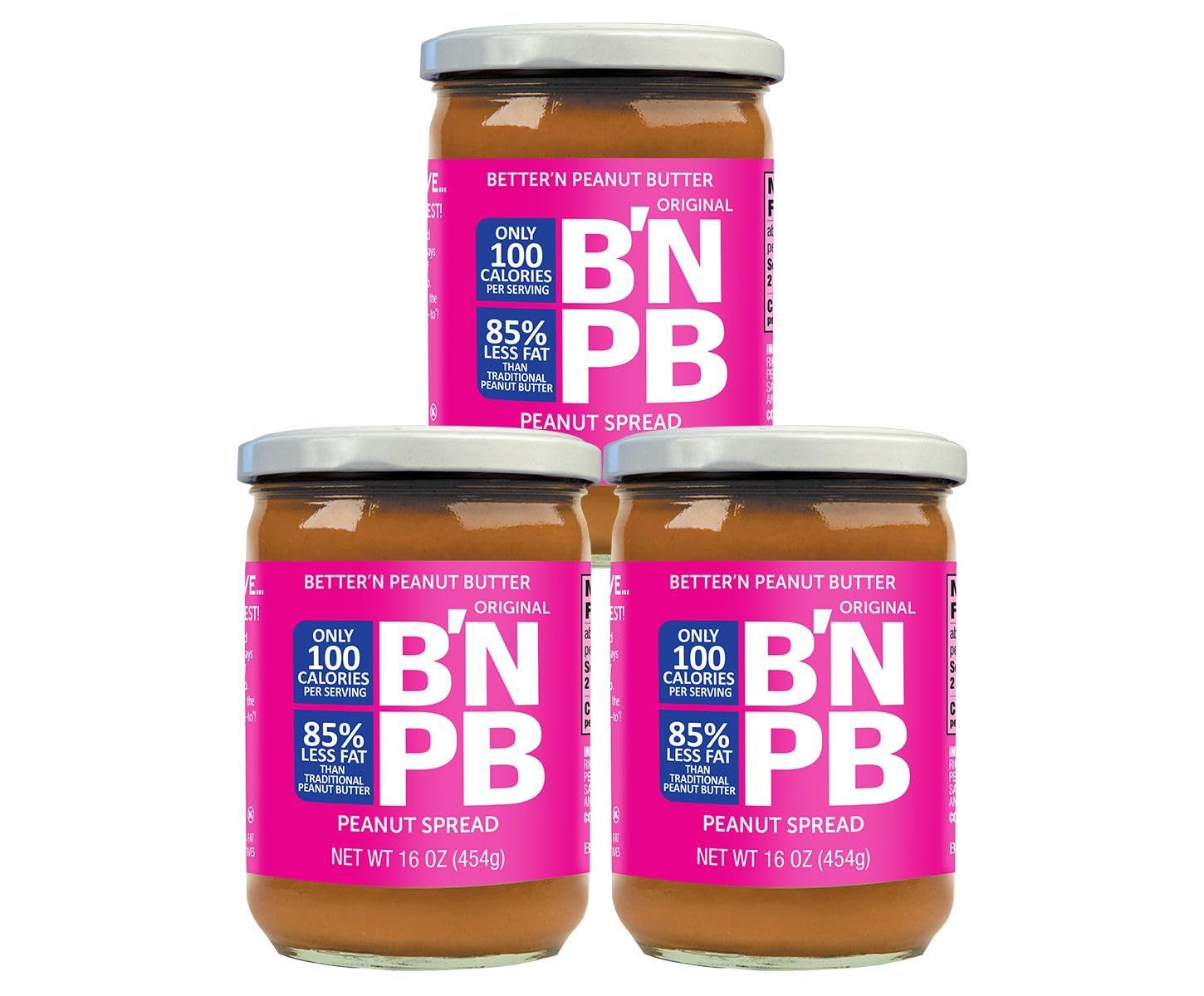 Original Low Fat Peanut Butter Spread by Bettern Peanut Butter, Creamy Low-Calorie Peanut Spread with No Saturated Fat, Gluten Free, Dairy Free, Non GMO, Kosher, Pack of 3, 16 oz. Glass Jars