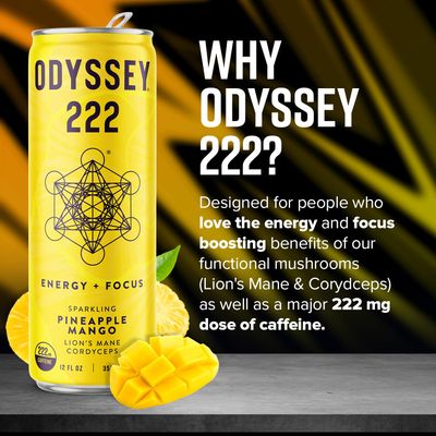 Odyssey Elixir - Odyssey 222 - Sparkling Energy Drink - 222 mg of Caffeine - Lion's Mane & Cordyceps - Energy & Focus - Endurance & Stamina - Nootropic - Pre Workout - Pineapple Mango