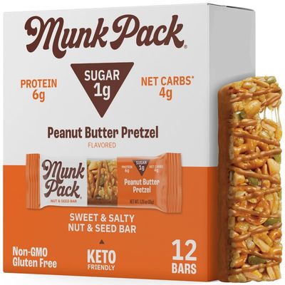 Munk Pack Keto Snack Bars, Peanut Butter Pretzel - Low Carb Nut Bar with 6g Protein, 1g Sugar with Allulose - Gluten Free &amp; Low Glycemic - 12 Count