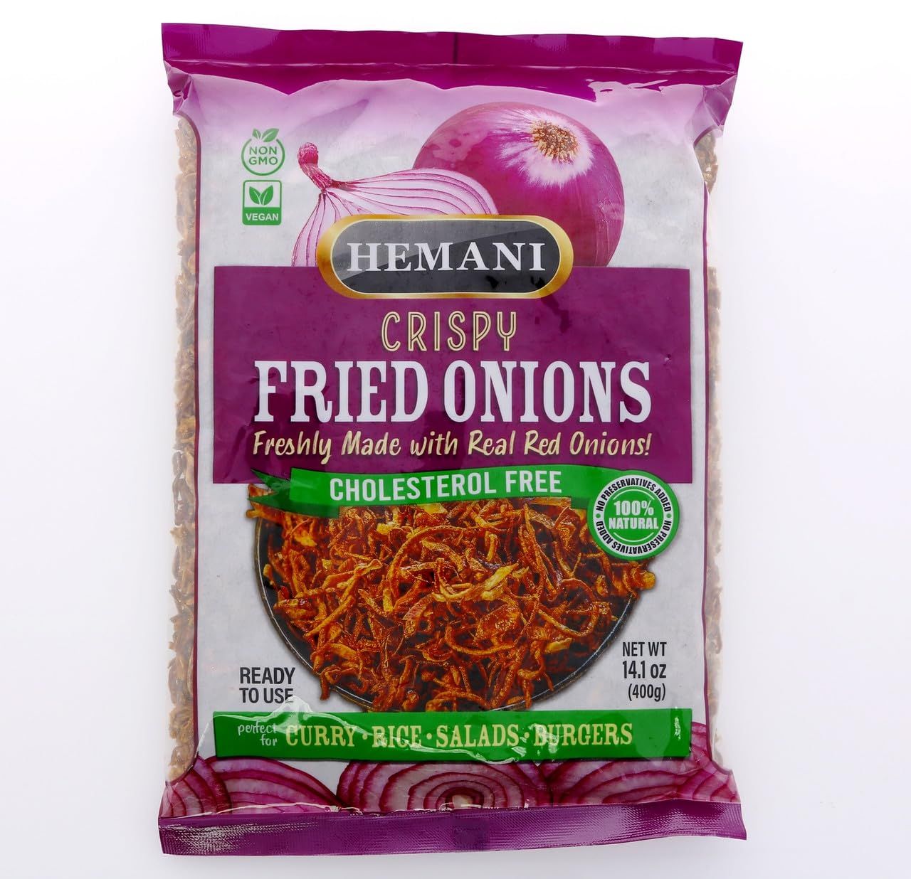 HEMANI Crispy Red Fried Onions 14.1 OZ (400g) - MSG Free French Fried Onions - Made with Real Red Onions - Perfect Crispy Onions for Cooking and Salad Topping