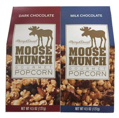Harry &amp; David Moose Munch Gourmet Popcorn: Dark Chocolate &amp; Milk Chocolate, 4.5 Ounce (Pack of 2)