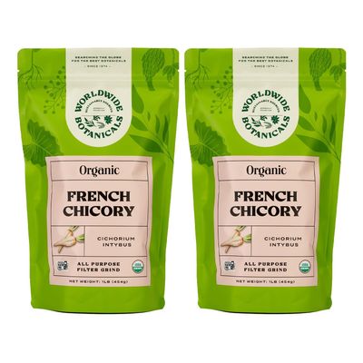 Worldwide Botanicals Organic French Chicory Root - Brew Like Coffee, Blend Roasted Chicory Root With Coffee, Coffee Alternative, Acid Free, Caffeine Free, Kosher, 1 Pound, Pack of 2