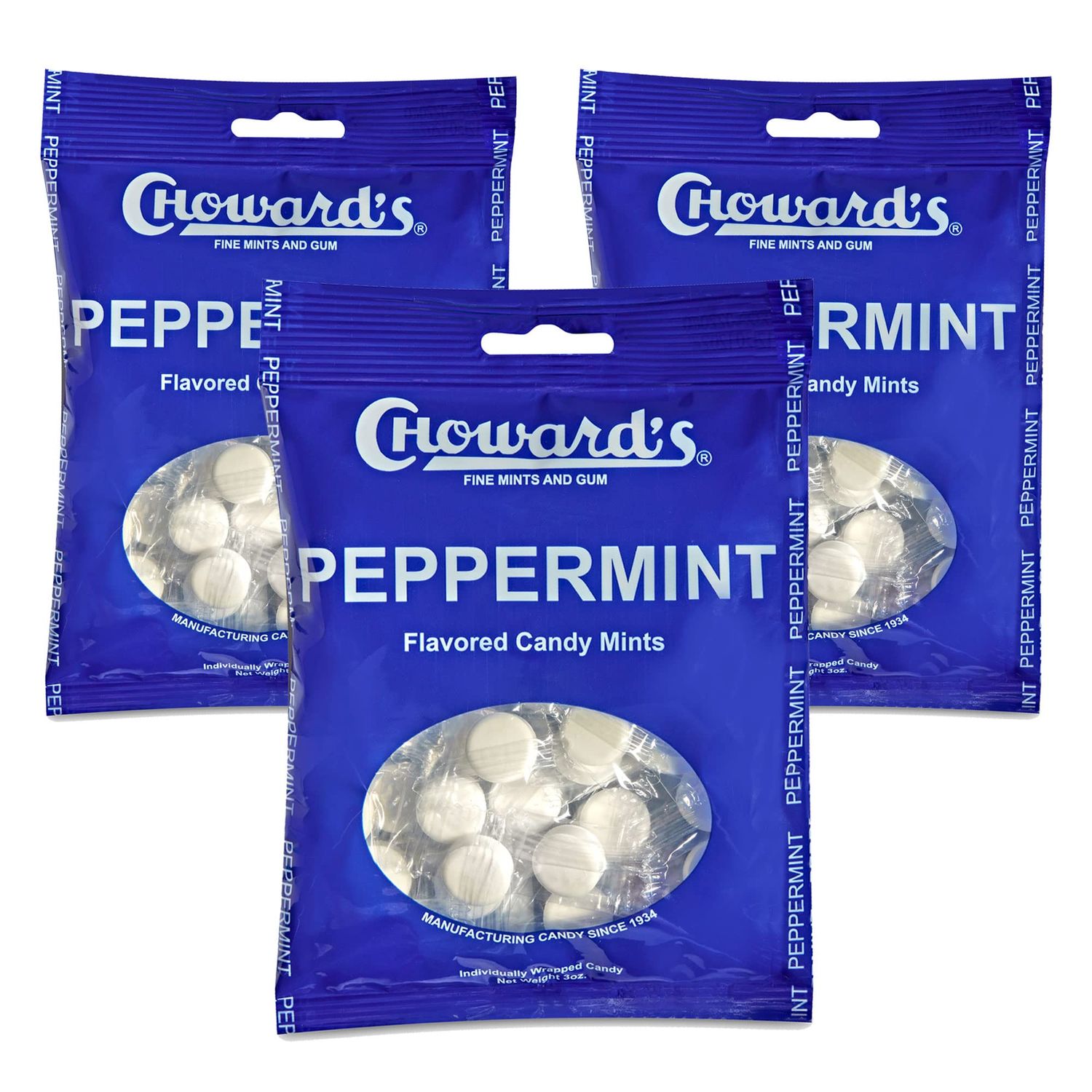 Choward&#39;s 3oz Peppermint Candy Bags 3 Pack | 49 Pieces Individually Wrapped Candy Mints | Nostalgic Peppermint Candy Bags | Perfect for Snacks in Lunchboxes, Pockets, Goodie Bags, and Birthday Parties