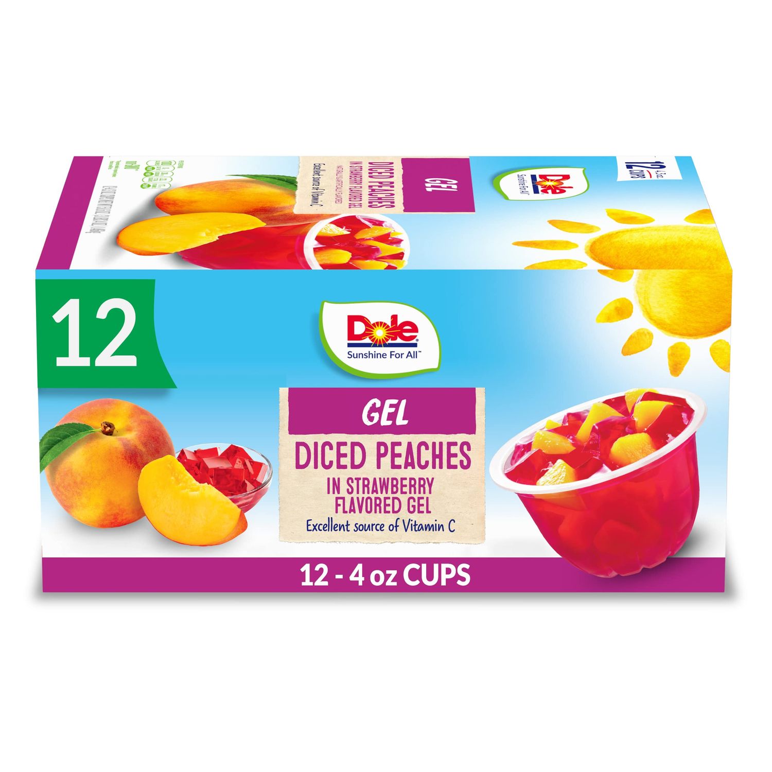 Dole Fruit Bowls Peaches in Strawberry Flavored Gel Snacks, 4.3oz 12 Total Cups, Gluten &amp; Dairy Free, Bulk Lunch Snacks for Kids &amp; Adults