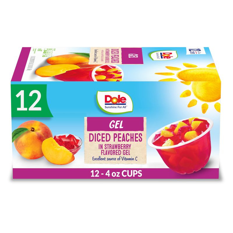 Dole Fruit Bowls Peaches in Strawberry Flavored Gel Snacks, 4.3oz 12 Total Cups, Gluten &amp; Dairy Free, Bulk Lunch Snacks for Kids &amp; Adults